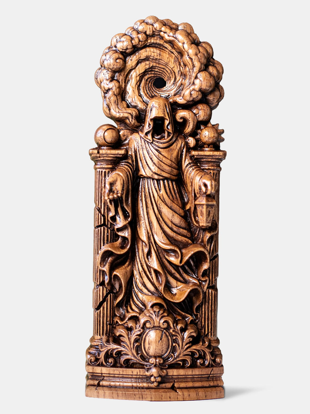 Handcrafted Chaos goddess statue with swirling vortex, flowing mantle, lantern, and cracked columns topped with sun and moon.