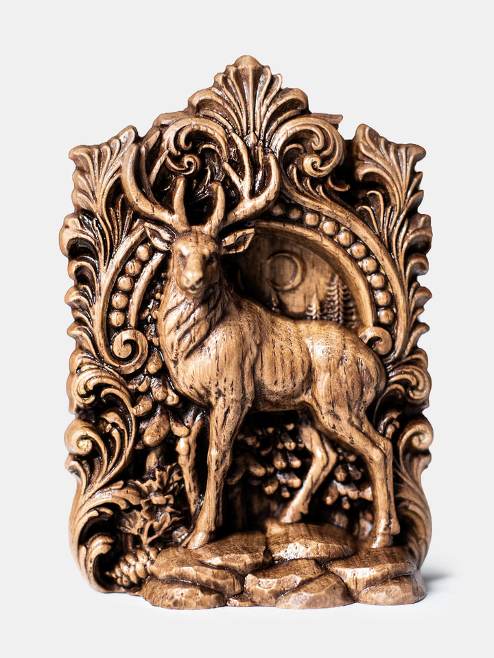 Hand carved wooden deer totem statue for pagan altar, witch altar, druid altar, and mystical animal decor.