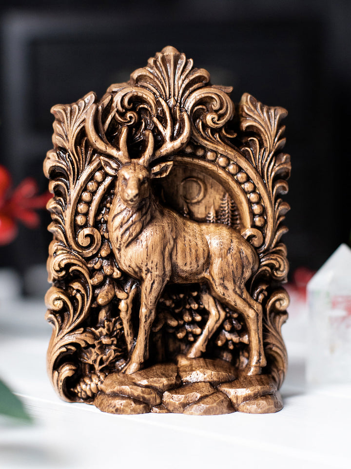 Handmade oak wood deer statue with antique patina, inspired by forest guardian symbolism and nature spirit traditions.
