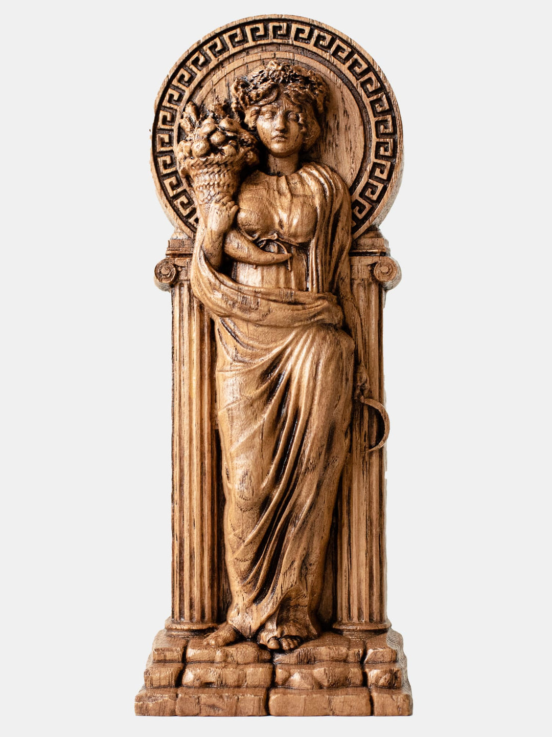  Close-up of the handcrafted oak Demeter statue, showcasing detailed carvings of Demeter holding a sickle and Cornucopia.