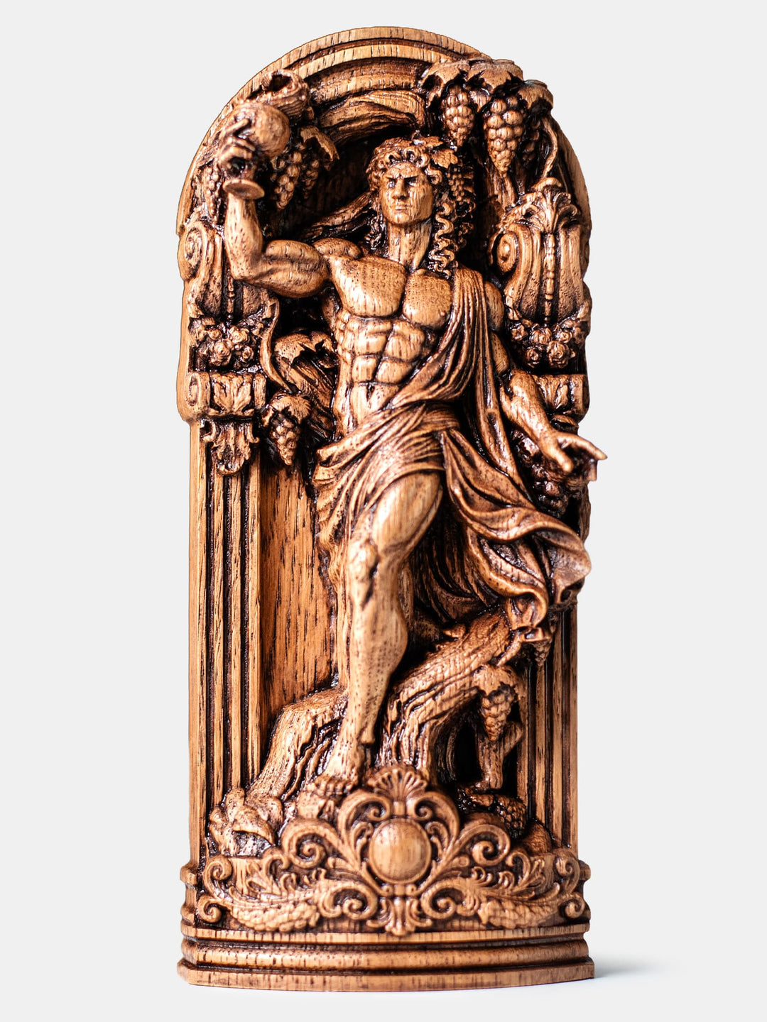 Dionysus statue wooden wall hanging inspired by Greek mythology, wine, fertility and Hellenic polytheism.