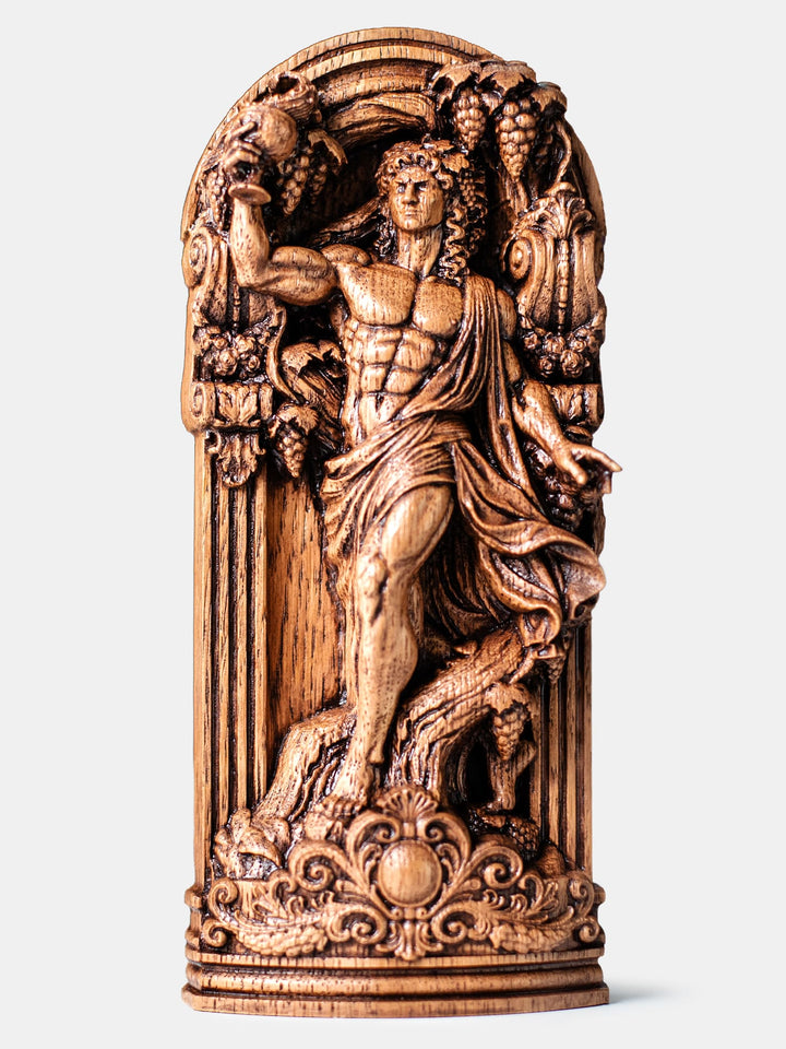 Dionysus statue wooden wall hanging inspired by Greek mythology, wine, fertility and Hellenic polytheism.