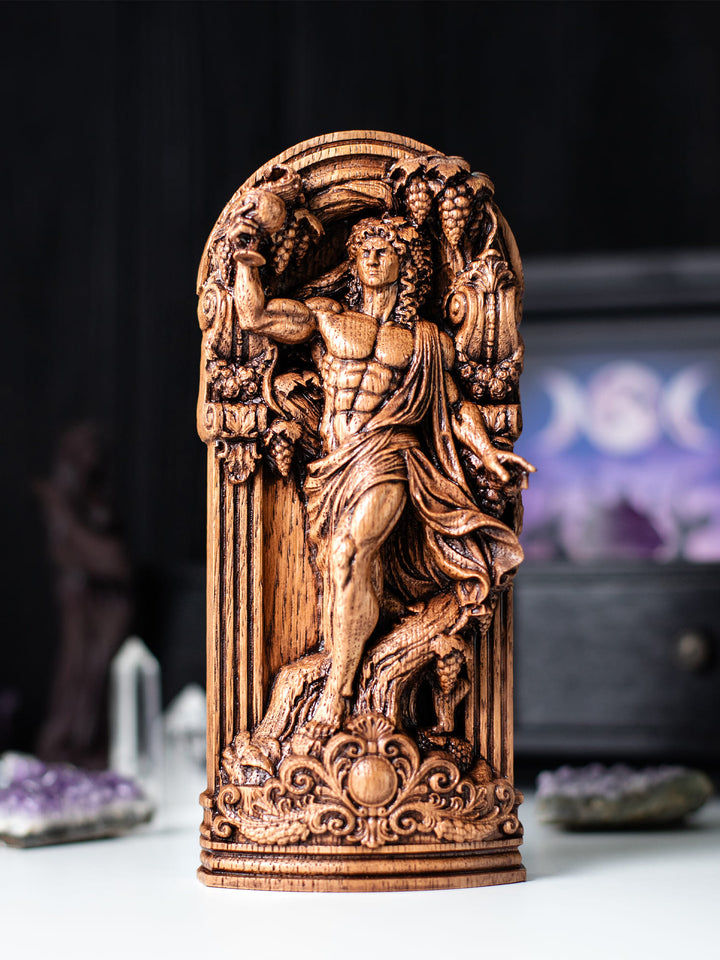 Handcrafted Dionysus statue for Greek altar featuring ancient Greek symbolism, spiritual decor and classical wood carving.