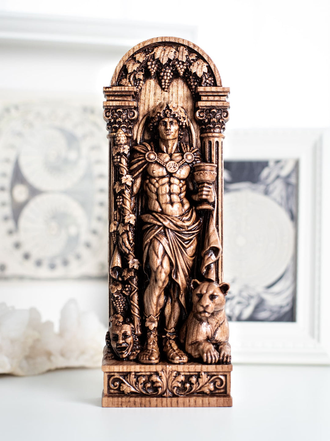 Handmade oak wood Dionysus god statue with antique patina inspired by Greek mythology, fertility symbolism, and spiritual decor.
