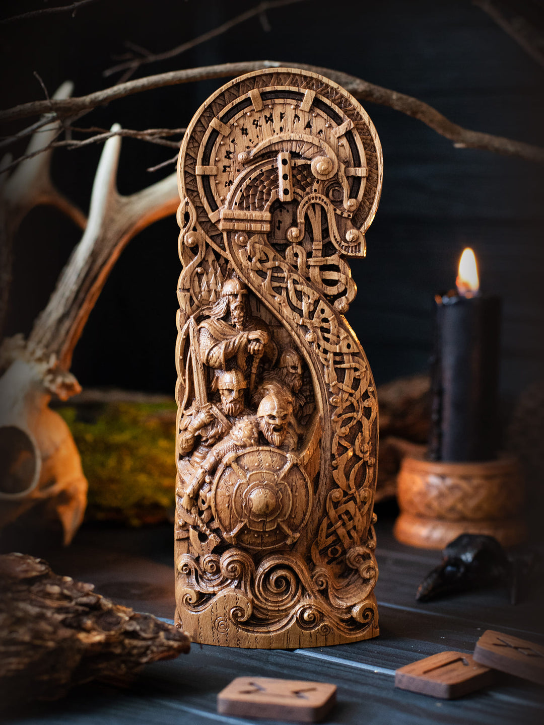 Full view of the Viking Ship Drakkar statue from the front, highlighting its dimensions and intricate design, including the dragon-headed prow.