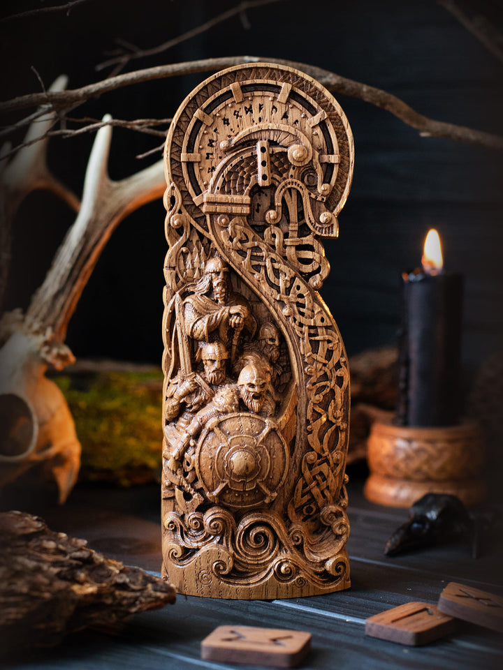 Full view of the Viking Ship Drakkar statue from the front, highlighting its dimensions and intricate design, including the dragon-headed prow.