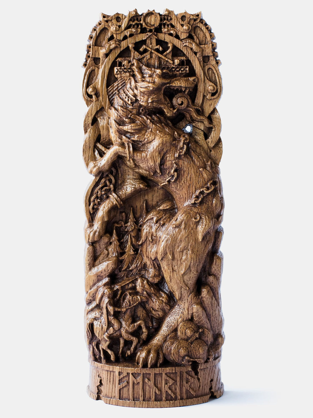 Close-up of the handcrafted oak Fenrir statue, showcasing detailed carvings of Fenrir breaking his shackles against the backdrop of Asgard.