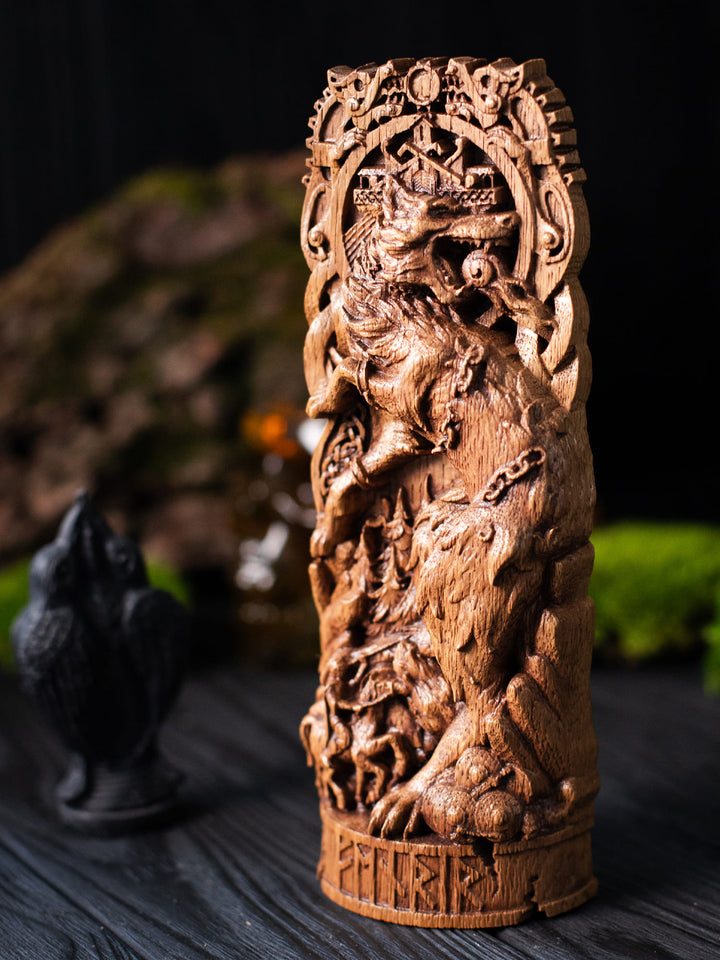 Fenrir Wooden Figurine - Handcrafted Oak Statue