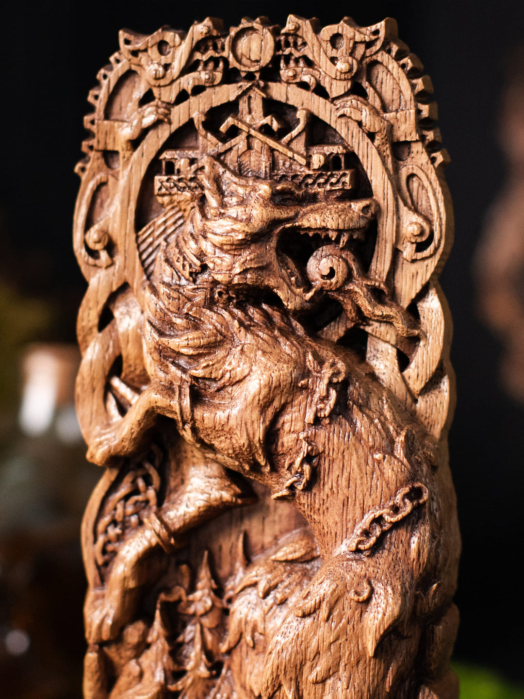 Fenrir Wooden Figurine - Handcrafted Oak Statue