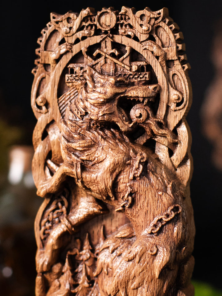 Fenrir Wooden Figurine - Handcrafted Oak Statue