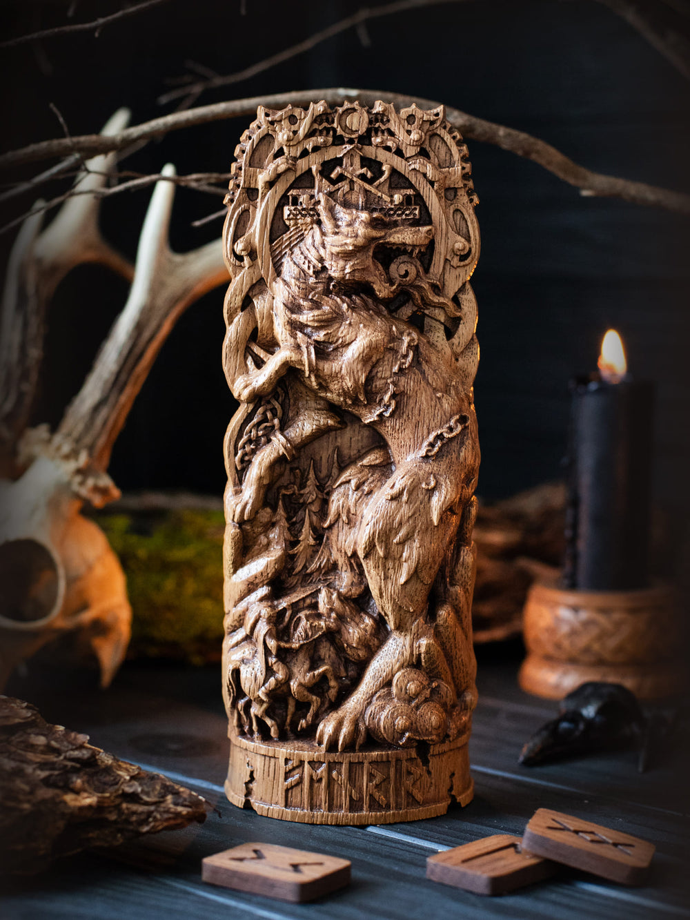 Full view of the Fenrir statue from the front, highlighting its dimensions and intricate design, featuring Odin on his horse preparing for battle.