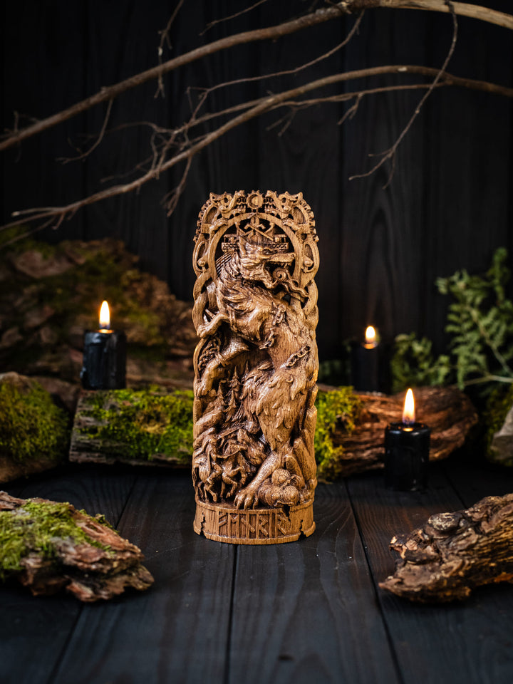 Fenrir Wooden Figurine - Handcrafted Oak Statue