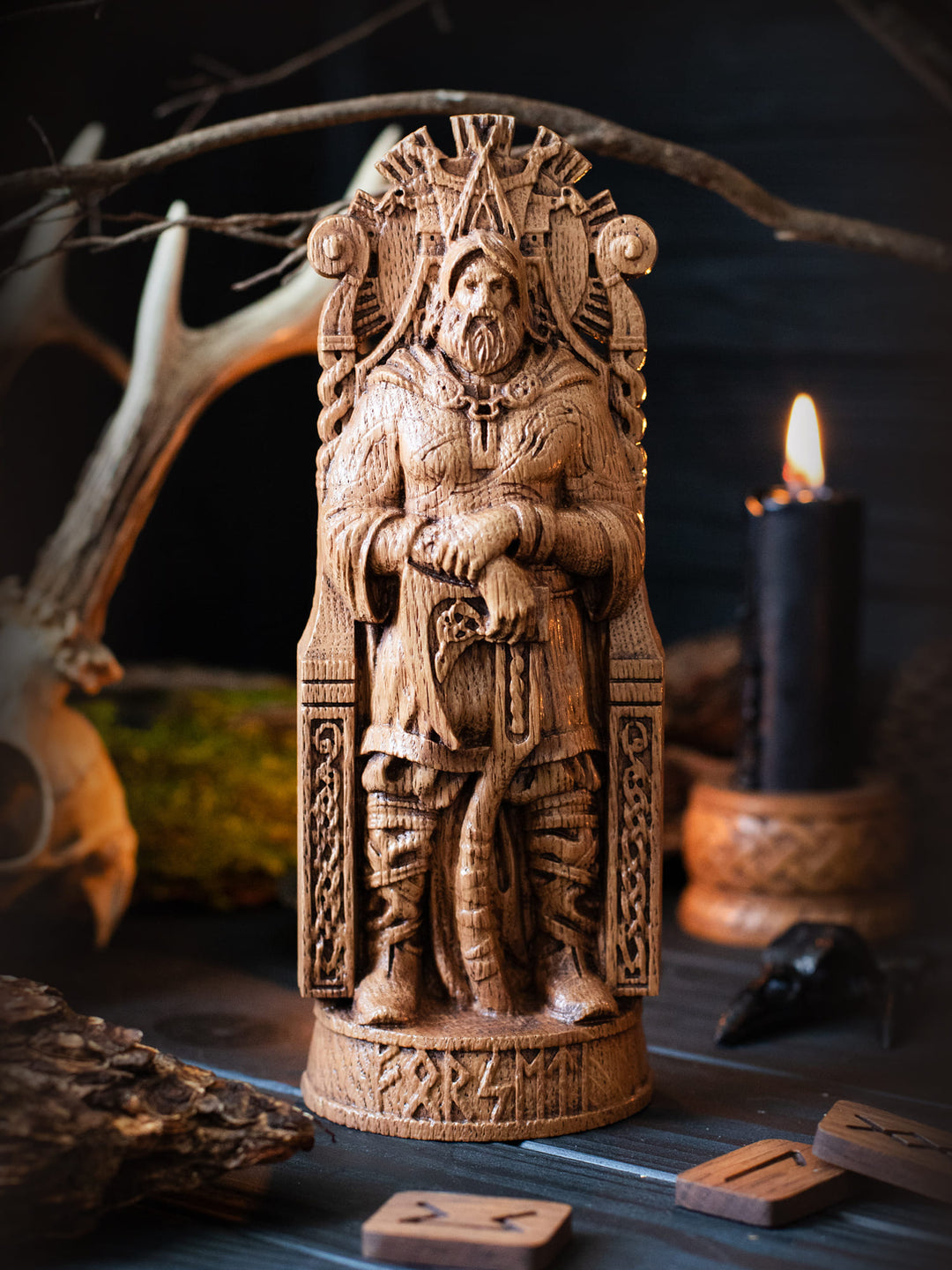 Full view of the Forseti statue from the front, highlighting its dimensions and intricate design against a plain background.
