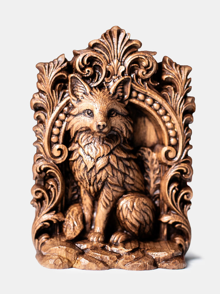 Hand carved wooden fox totem statue for witch altar, druid altar, folk magic, and forest guardian decor.