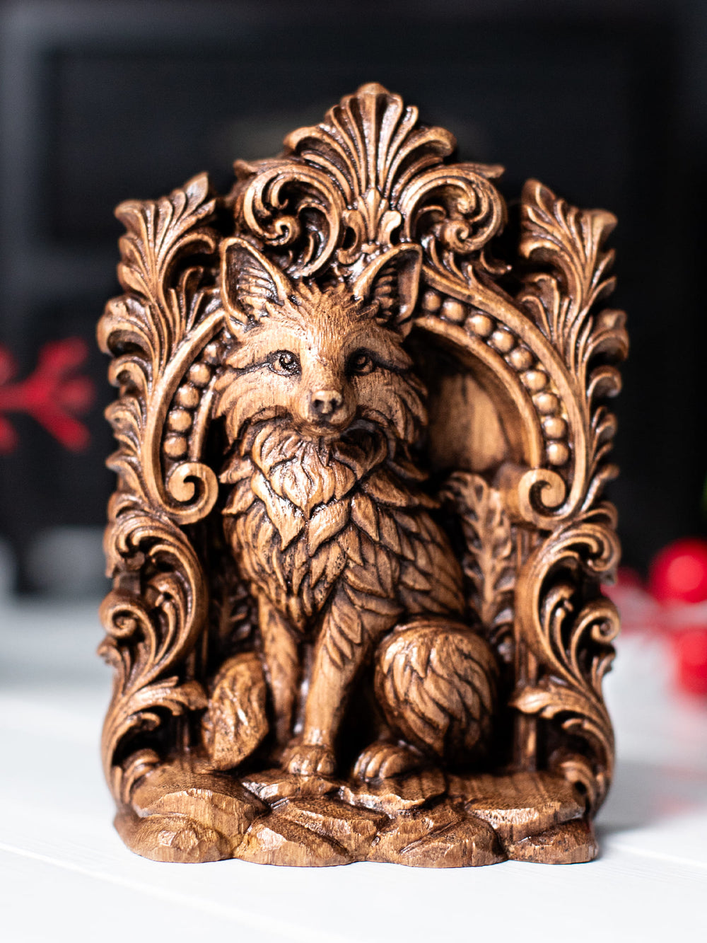 Handmade oak wood fox statue with antique patina, inspired by mystical animal symbolism and wood animal totem decor.