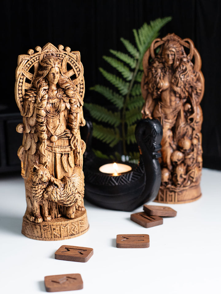 Freya Wooden Figurine with Necklace - Handcrafted Oak Statue