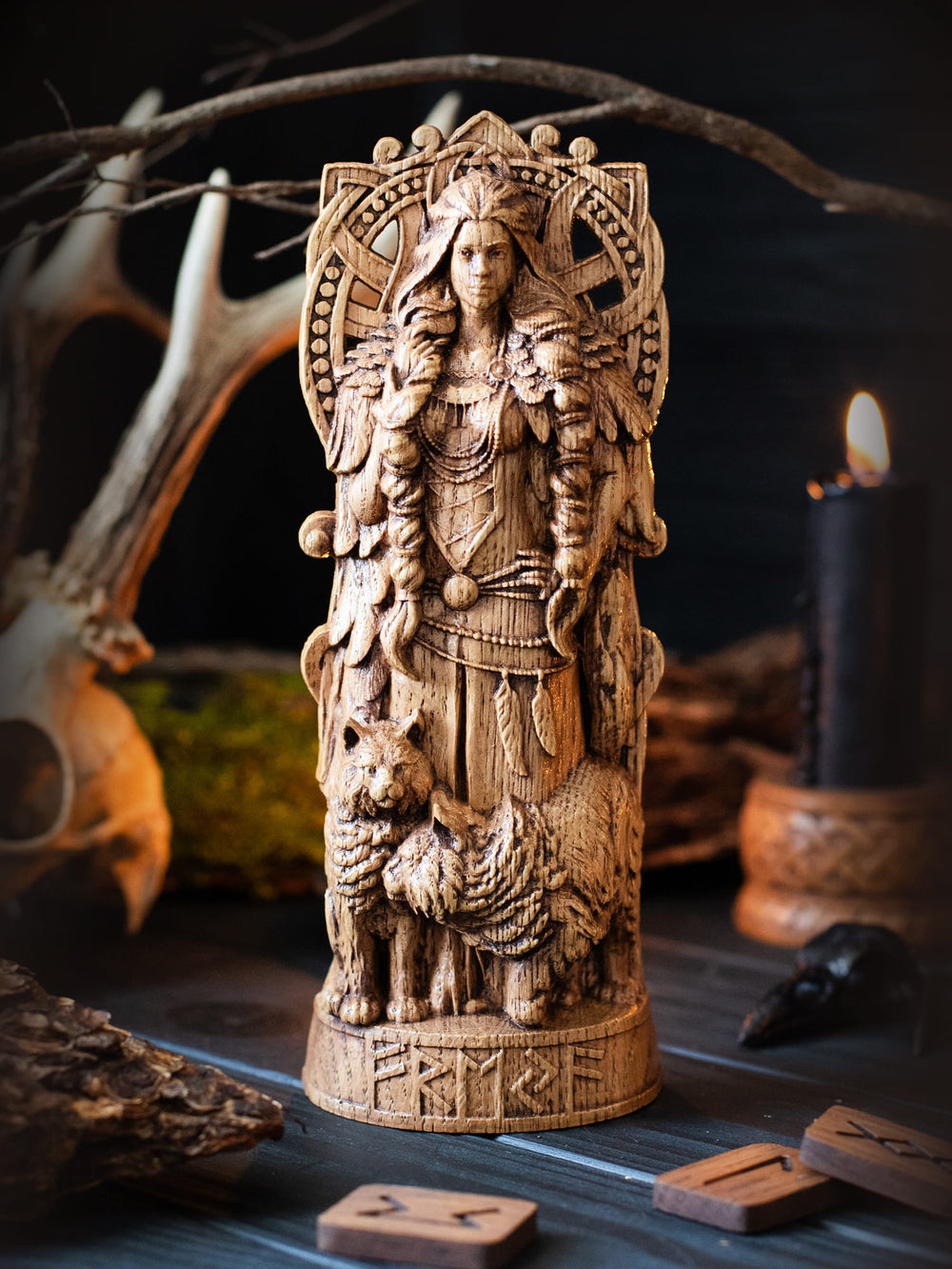 Full view of the Freya statue from the front, highlighting its dimensions and intricate design against a plain background.