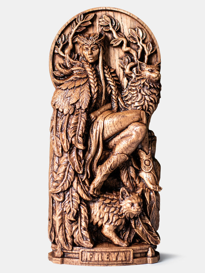Freya statue featuring sacred cats, boar, woodland symbolism and Norse mythology carved from oak wood.