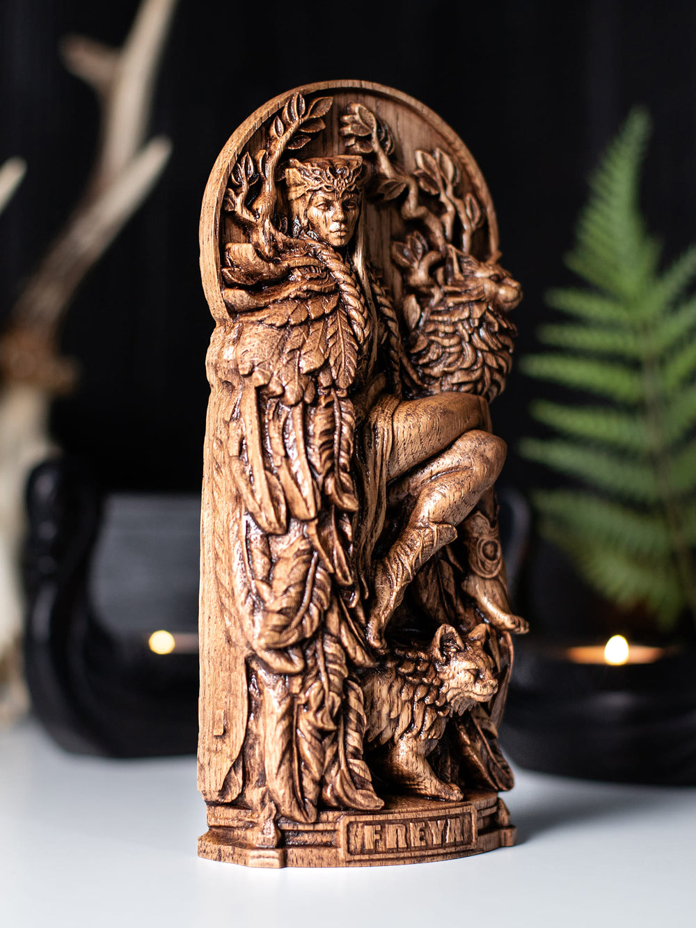 Handcrafted Freya wooden wall hanging inspired by Asatru, Norse pagan altar traditions and Scandinavian folk art.