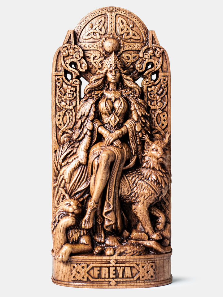 Hand carved Freya goddess wooden statue for Norse pagan altar, Asatru shrine, and Viking home decor.