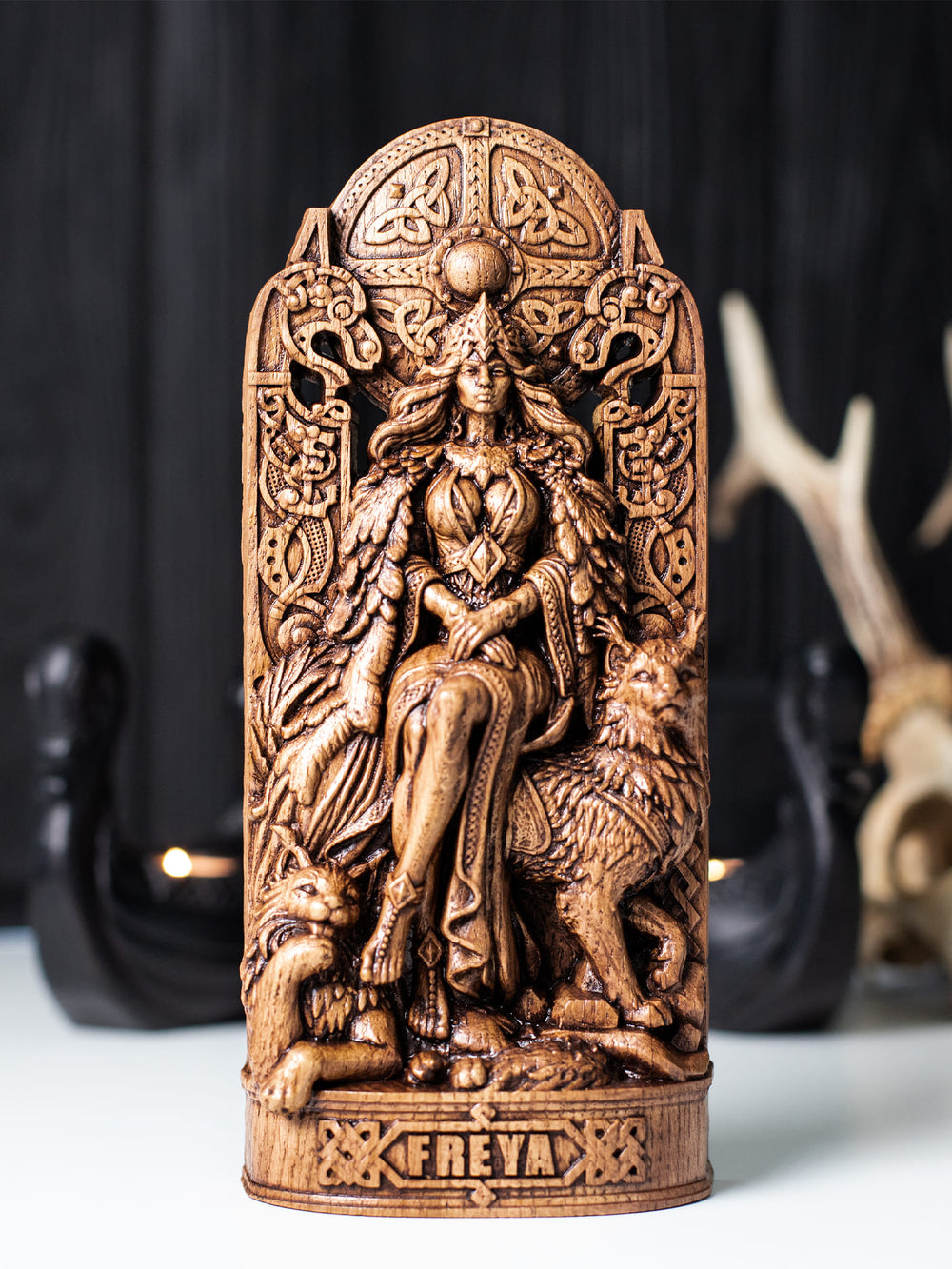 Handmade oak wood Freya statue with antique finish inspired by Norse mythology, seiðr traditions, and Scandinavian folk art.