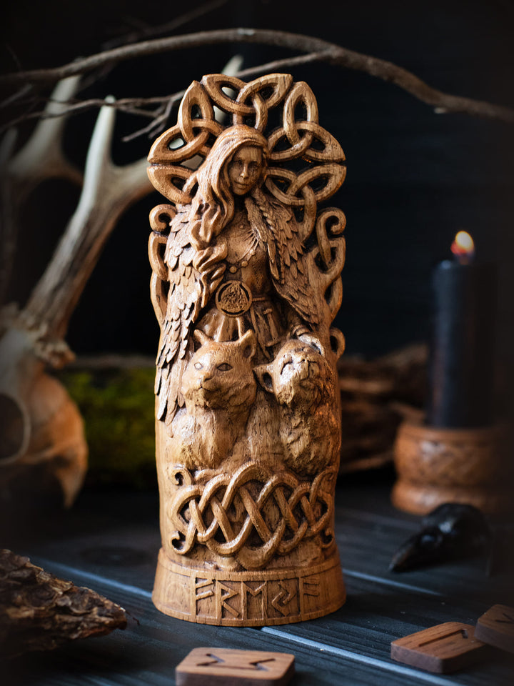 Full view of the Freya statue from the front, highlighting its dimensions and intricate design against a plain background.
