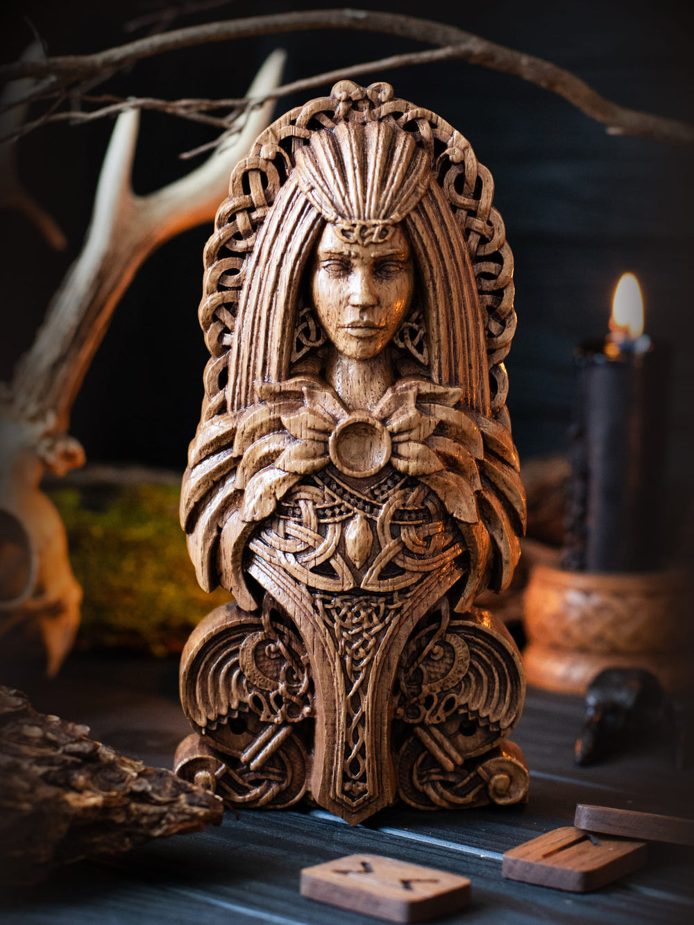 Full view of the Freya bust from the front, highlighting its dimensions and intricate ancient decorative style.