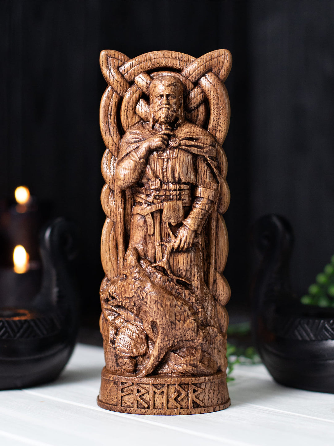 Freyr Wooden Figurine - Handcrafted Oak Statue with Sacred Boar and Horn