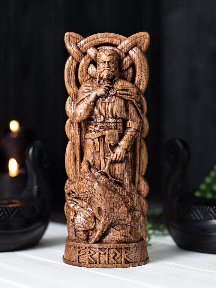 Freyr Wooden Figurine - Handcrafted Oak Statue with Sacred Boar and Horn