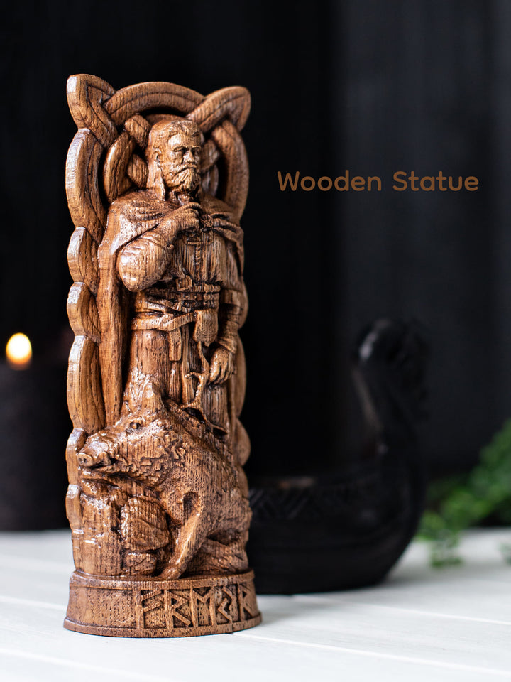 Freyr Wooden Figurine - Handcrafted Oak Statue with Sacred Boar and Horn