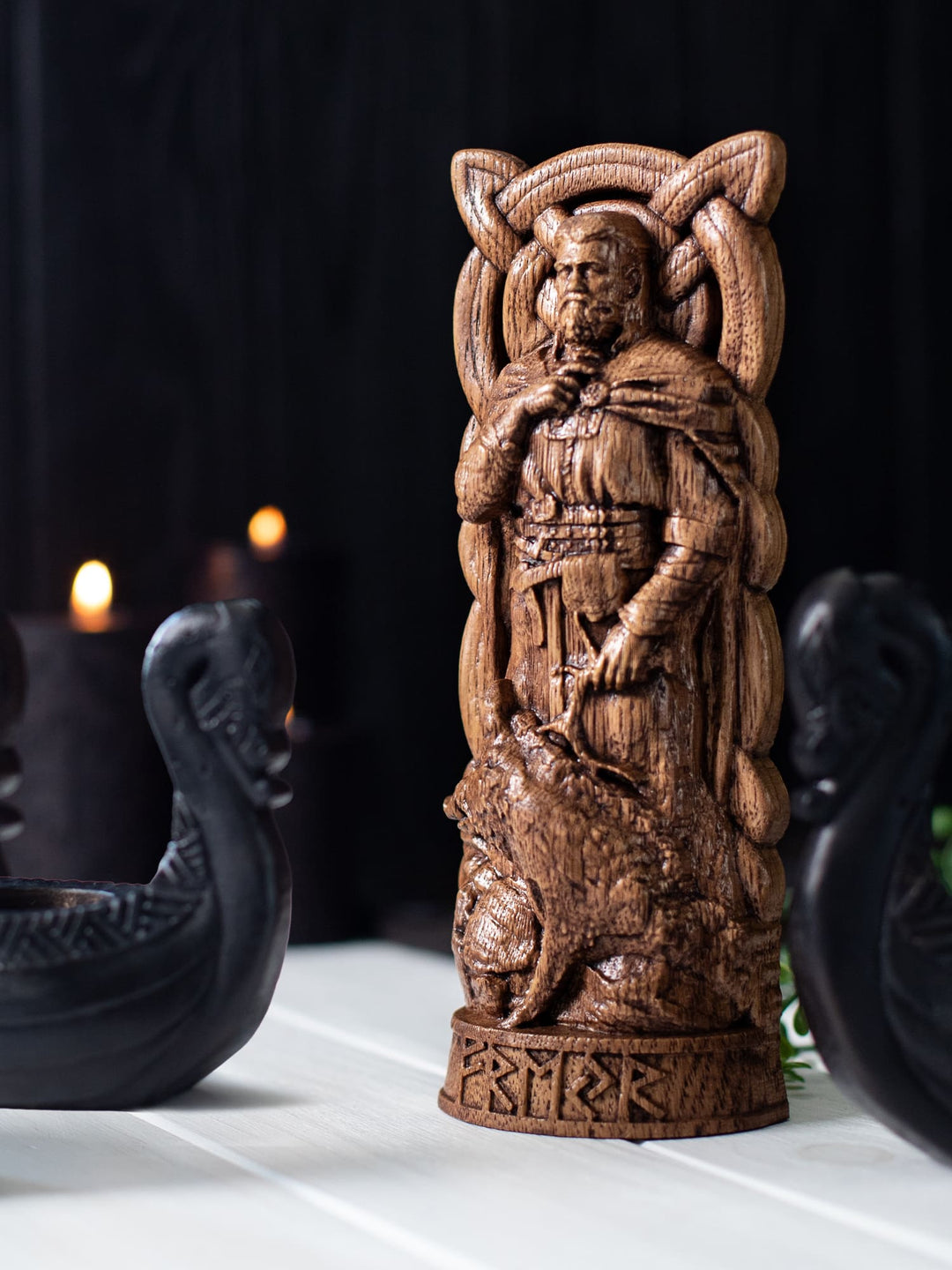 Freyr Wooden Figurine - Handcrafted Oak Statue with Sacred Boar and Horn