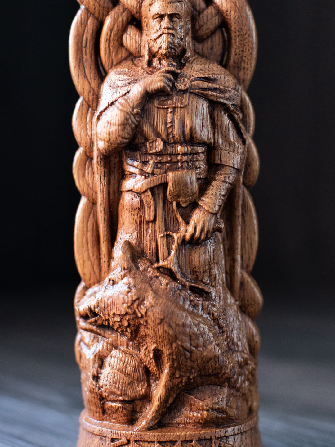 Freyr Wooden Figurine - Handcrafted Oak Statue with Sacred Boar and Horn
