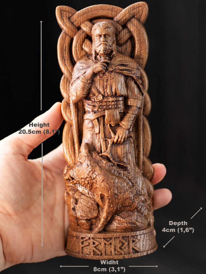 Freyr Wooden Figurine - Handcrafted Oak Statue with Sacred Boar and Horn