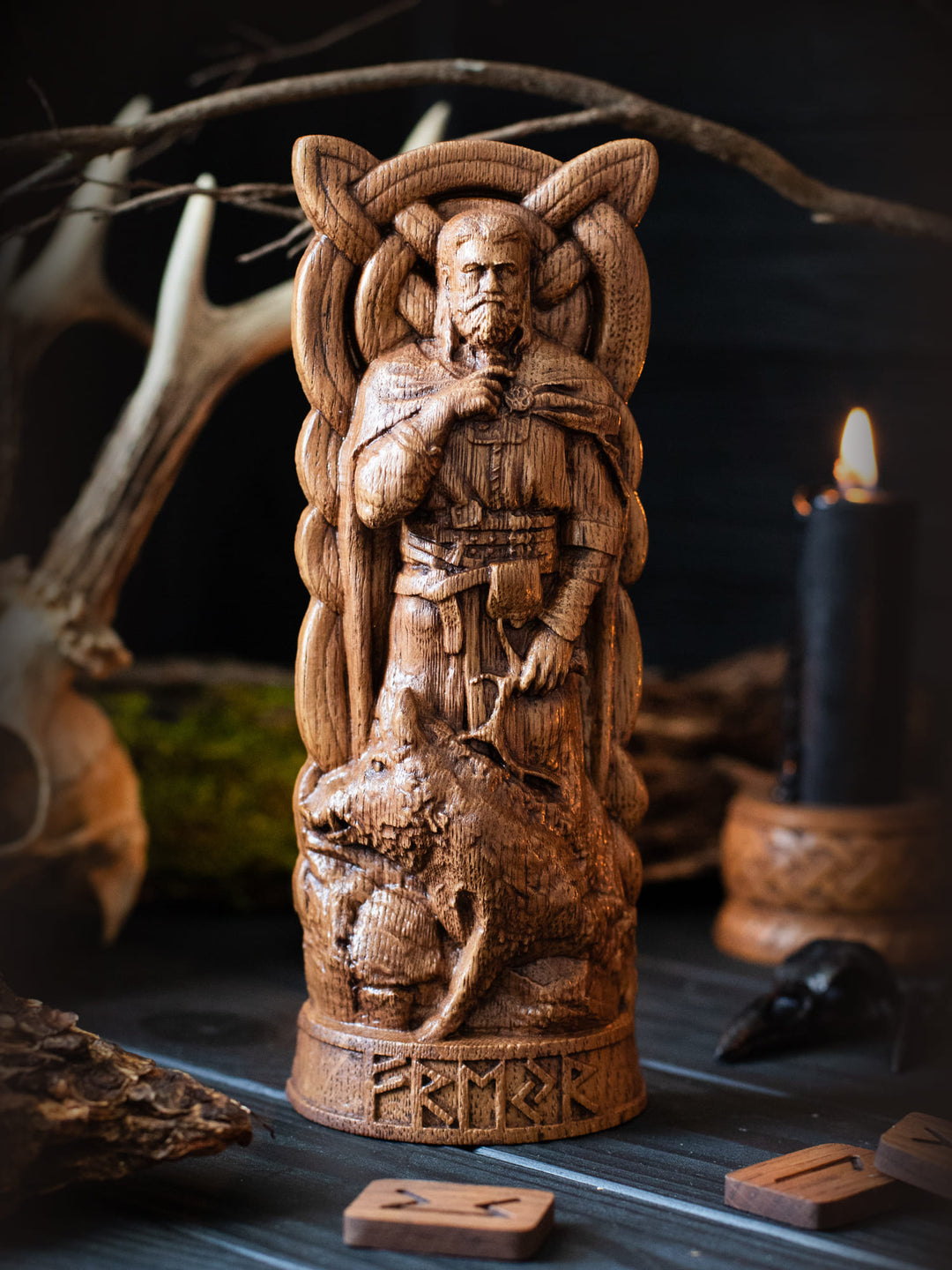 Full view of the Freyr statue from the front, highlighting its dimensions and intricate design against a plain background.