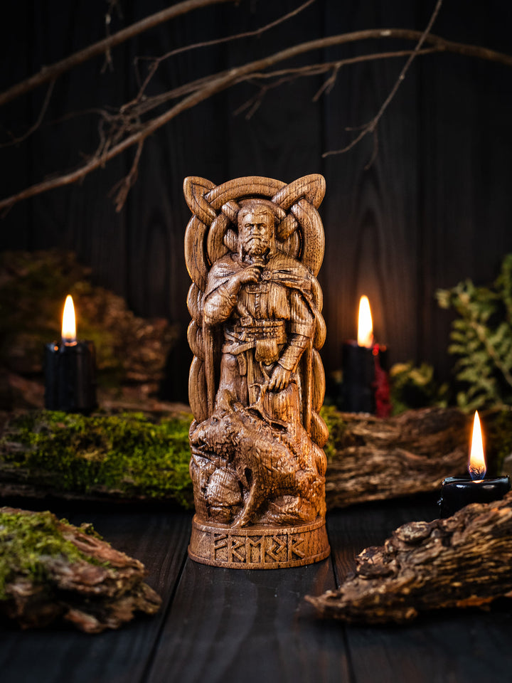 Freyr Wooden Figurine - Handcrafted Oak Statue with Sacred Boar and Horn