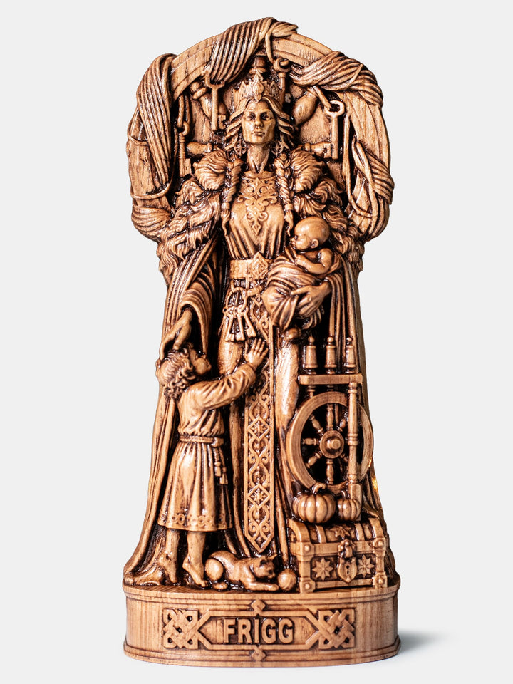 Hand carved Frigg goddess wooden statue for Asatru, Norse pagan altar, and Viking home decor.
