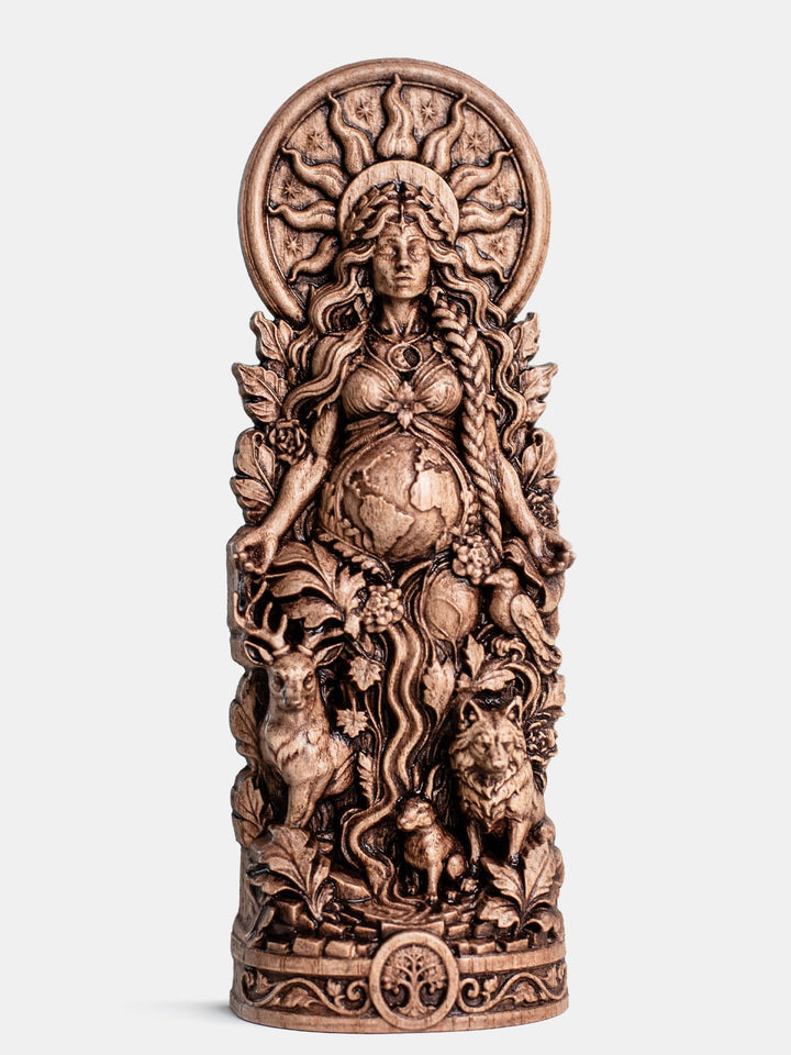 Gaia statue wooden wall hanging inspired by Mother Earth, Pachamama and divine feminine spirituality