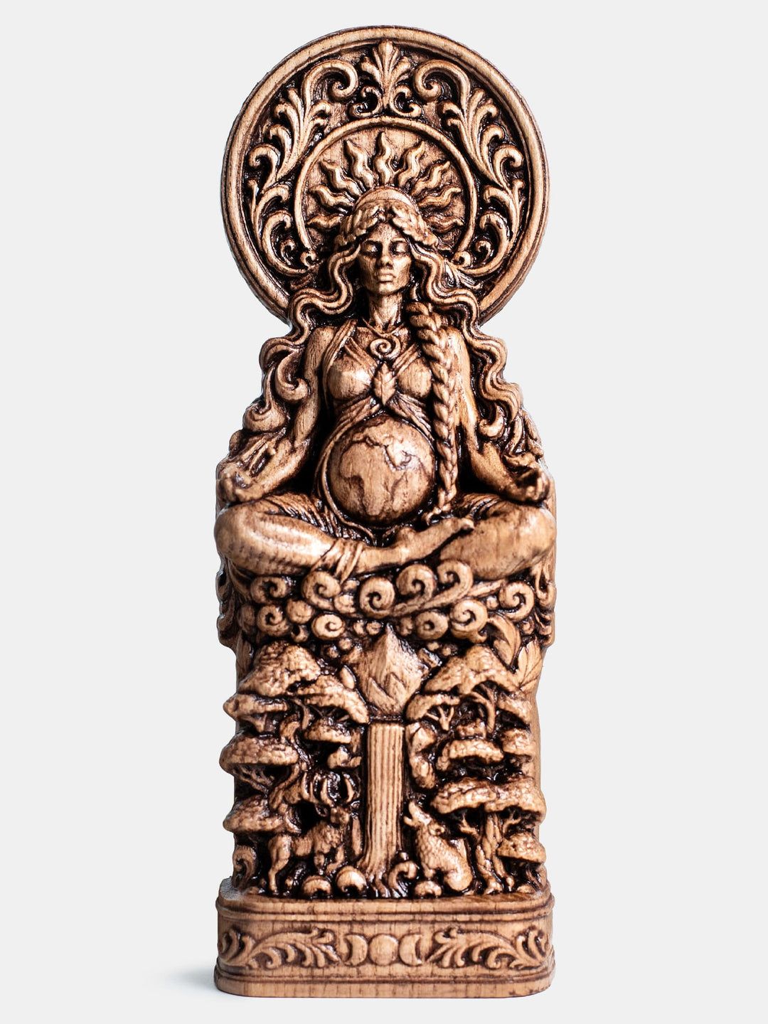 Handmade oak wood Gaia statue with antique patina inspired by Greek mythology, Pachamama symbolism, and witchy gifts.