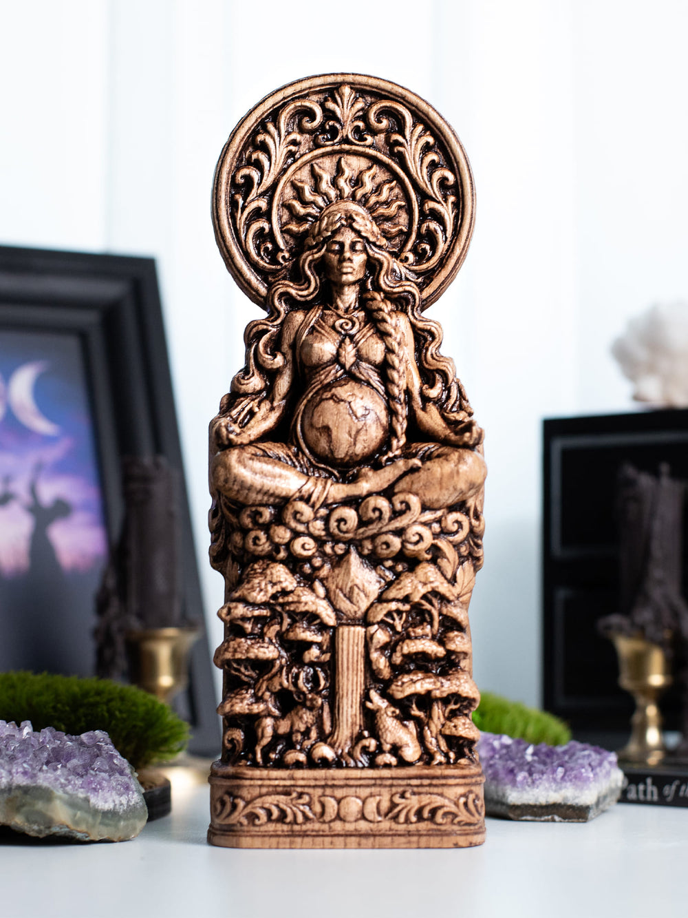 Hand carved Gaia Mother Earth wooden statue for goddess altar, fertility decor, and divine feminine art.