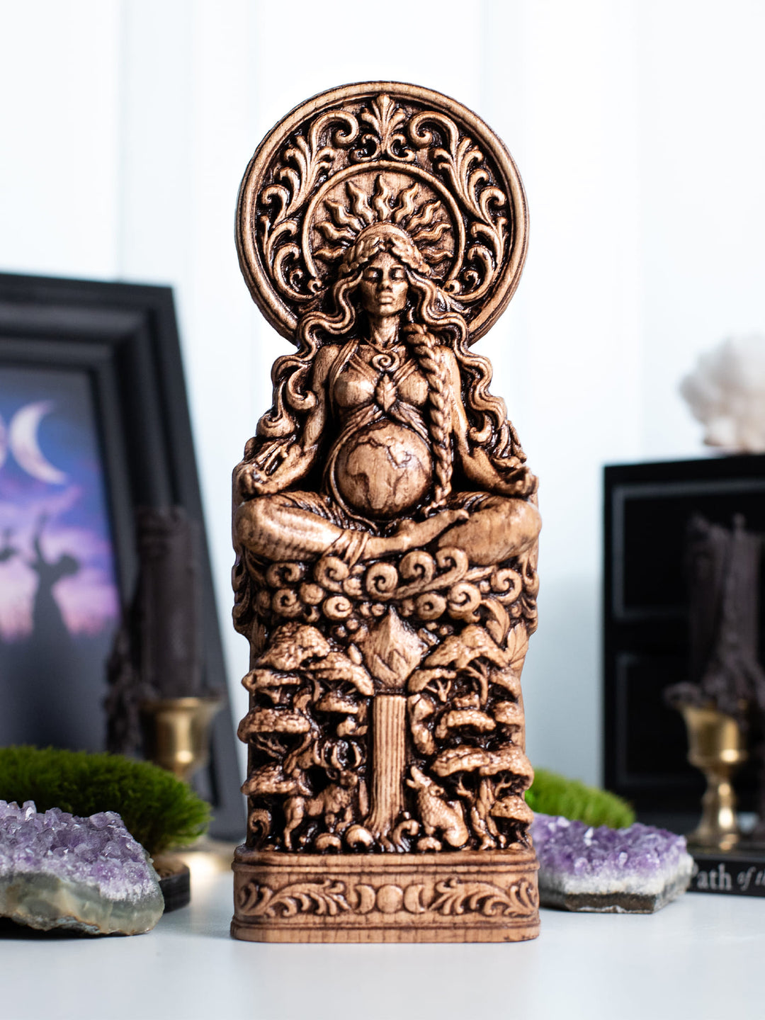 Hand carved Gaia Mother Earth wooden statue for goddess altar, fertility decor, and divine feminine art.
