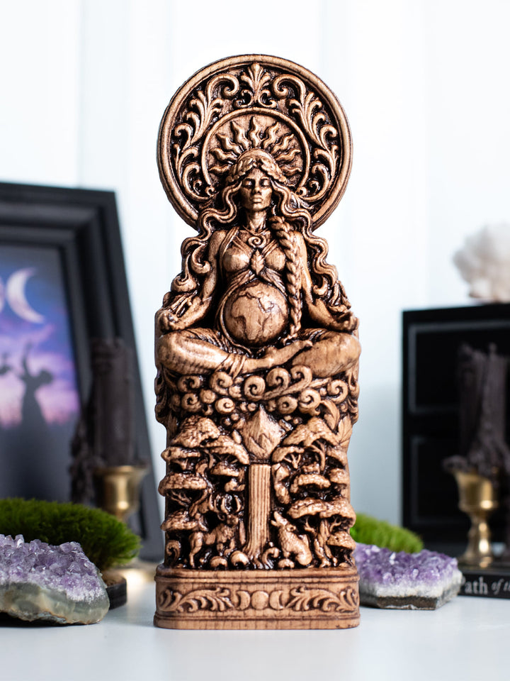 Hand carved Gaia Mother Earth wooden statue for goddess altar, fertility decor, and divine feminine art.