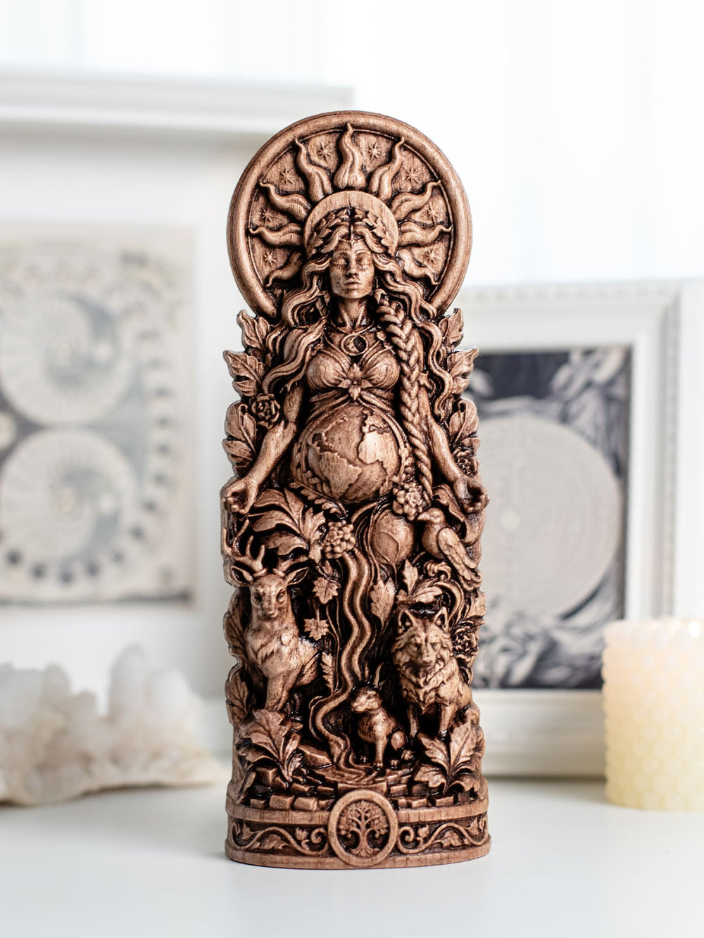 Handcrafted Gaia statue featuring pregnant goddess symbolism, fertility idol and witchy decor for altar display