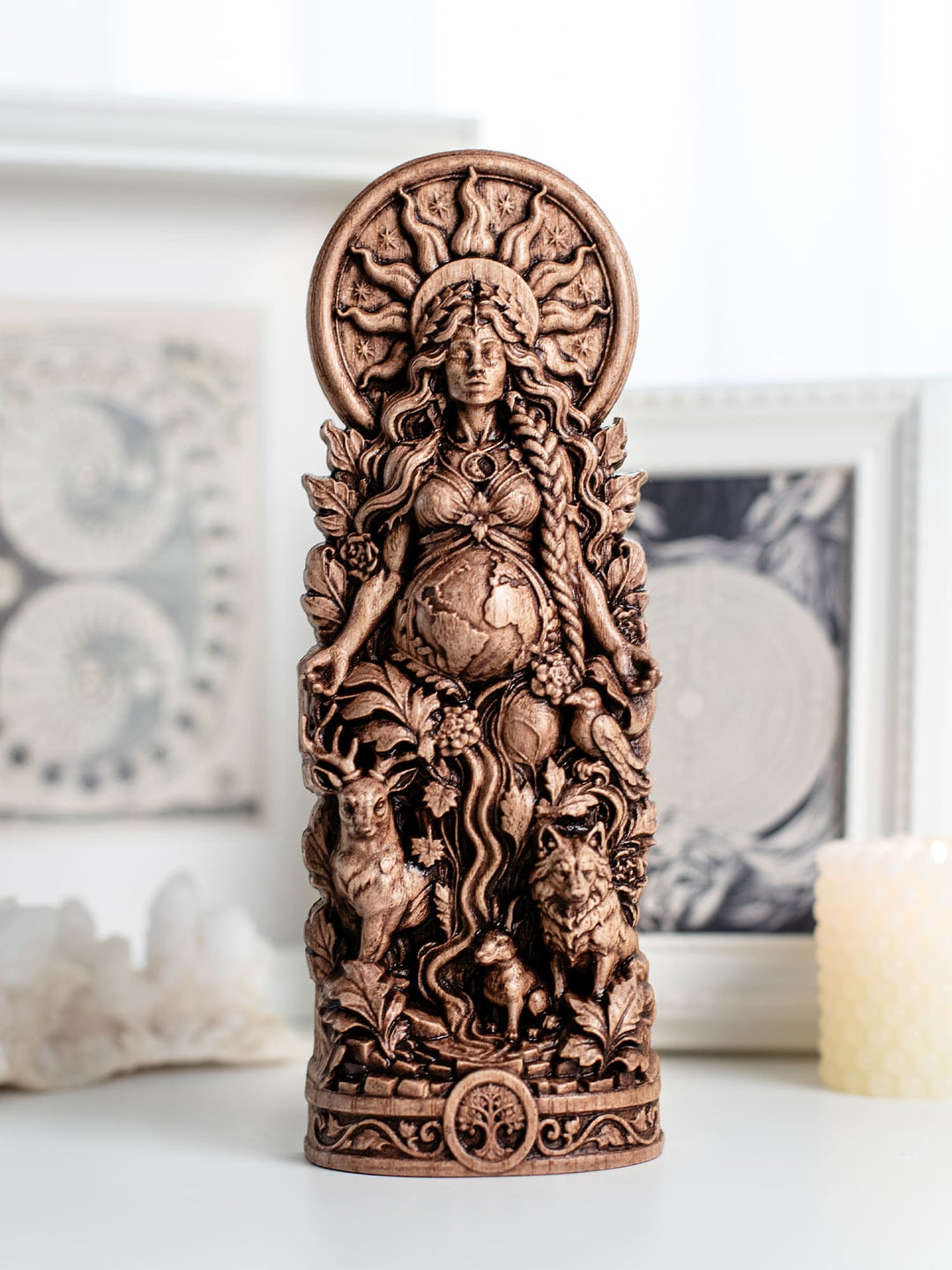Handcrafted Gaia statue featuring pregnant goddess symbolism, fertility idol and witchy decor for altar display