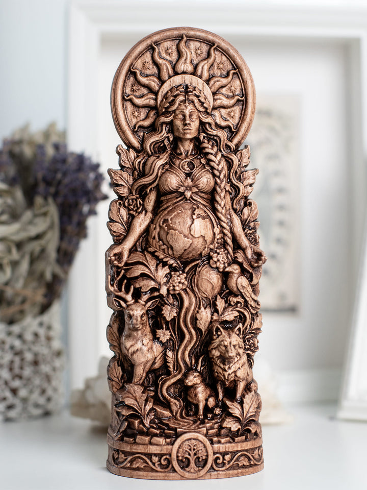 Gaia Statue Mother Earth Goddess – Divine Feminine Wood Decor