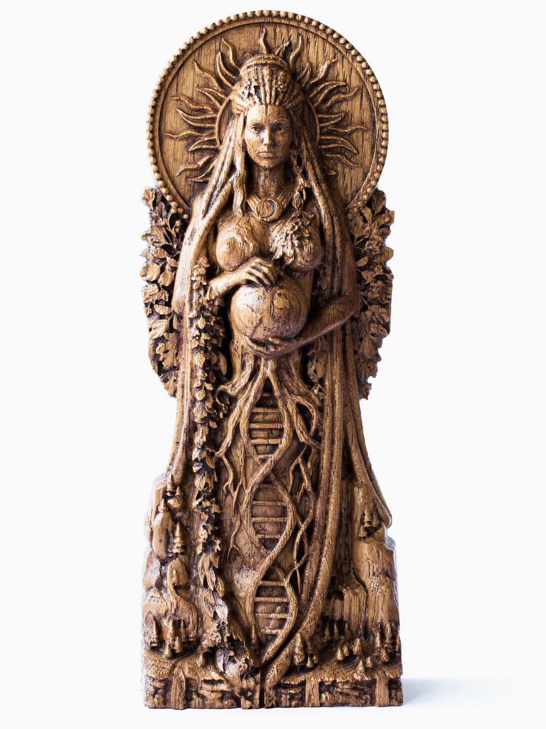 Close-up of the handcrafted wooden Gaia statue, showcasing Gaia embracing Earth with the sun behind her and the moon on her chest.