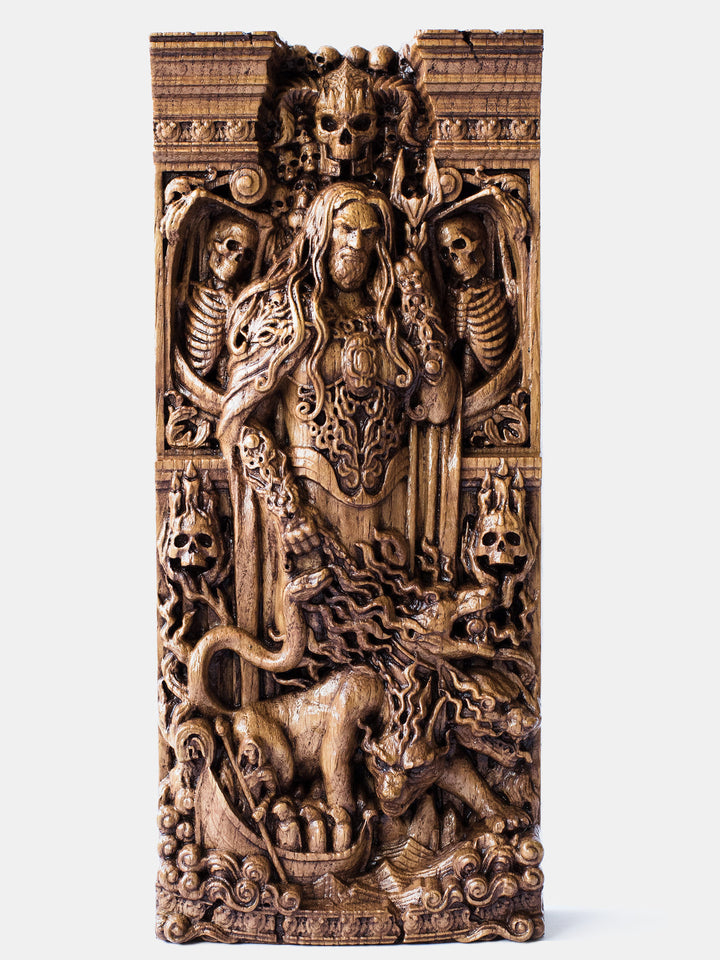 Close-up of the handcrafted oak Hades statue, showcasing detailed carvings of Hades with his bident, steel armor, and crown, surrounded by the underworld's atmosphere.