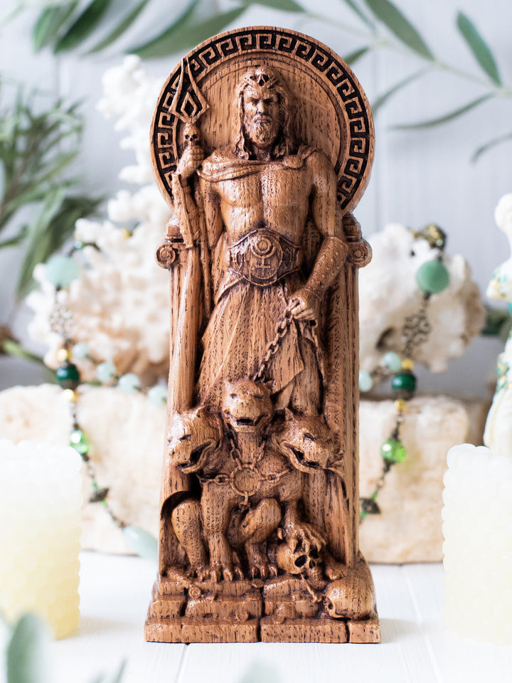 Full view of the Hades statue from the front, highlighting its dimensions and intricate design against a plain background.