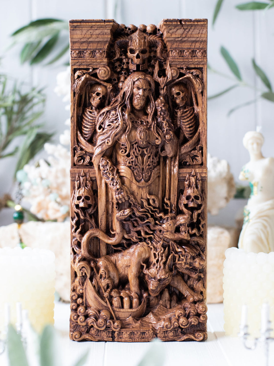 Full view of the Hades statue from the front, highlighting its dimensions and intricate design with Cerberus, Charon, and the entrance to the underworld.