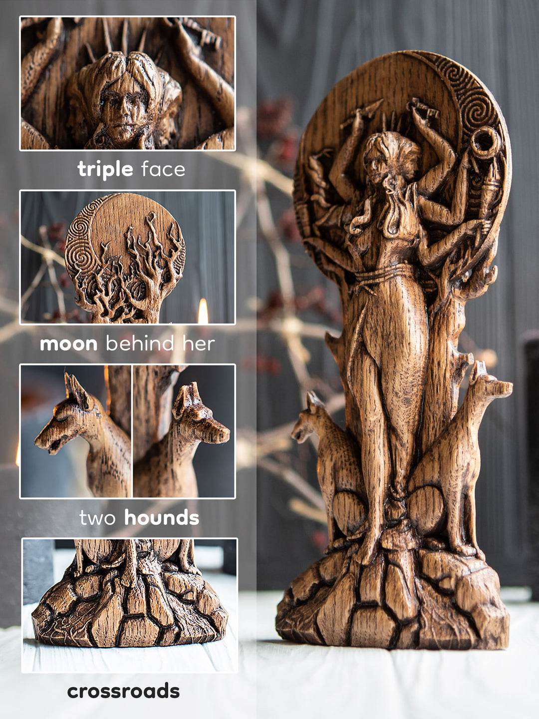 Greek Goddess Hecate Key Oak Statue | Blagowood