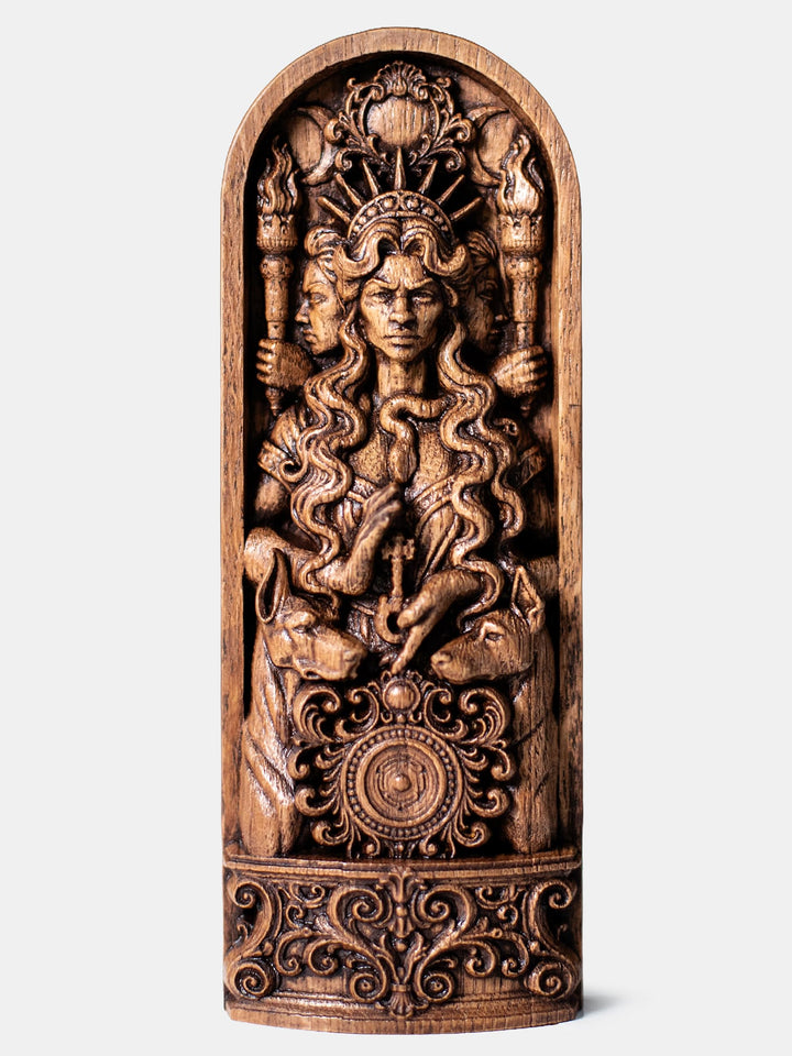 Hand carved Hecate bust statue in oak wood with torches and key for Greek mythology altar and dark feminine decor.